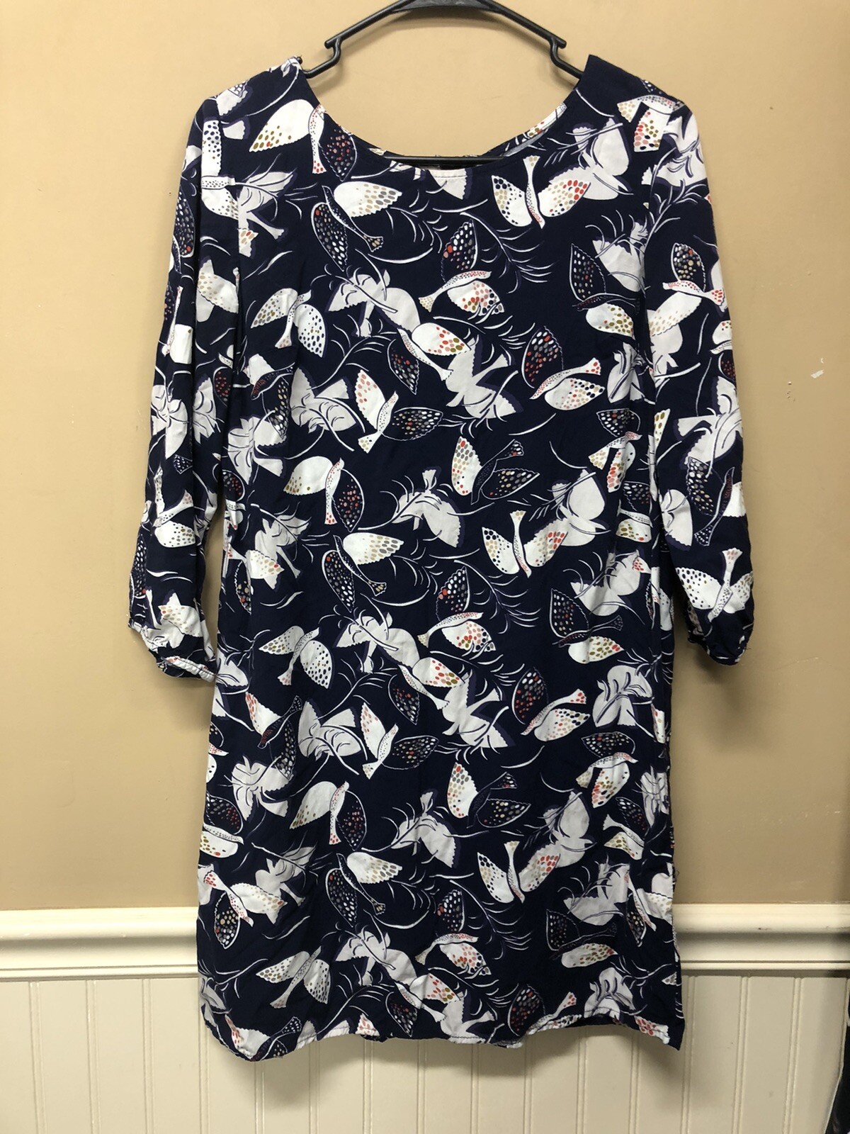 Old Navy Womens Shift Dress Blue Bird Dove Print 3/4 Sleeve Size Medium