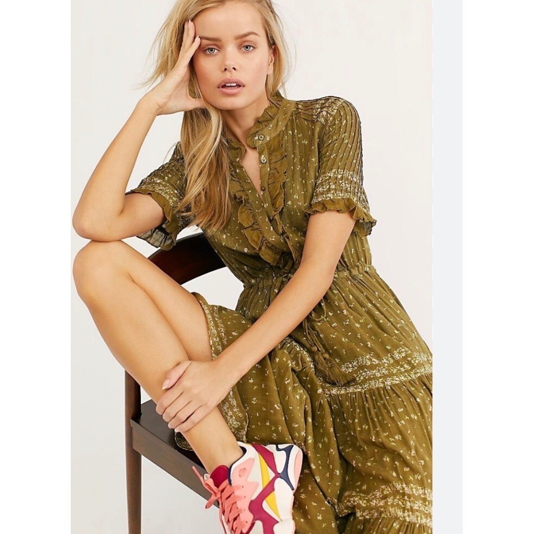 Free People Rare Feelings Maxi Dress Olive Green Floral Tiered