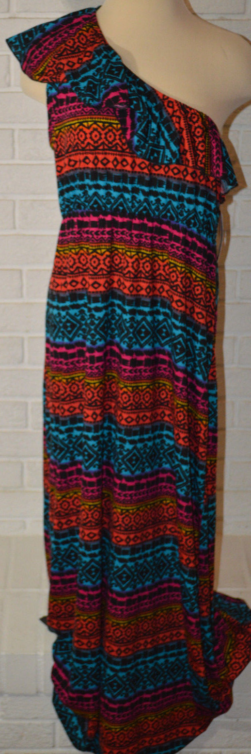 Women’s Mix & Co. Multi Color Geo Ruffle One Shoulder Maxi Dress Size XL