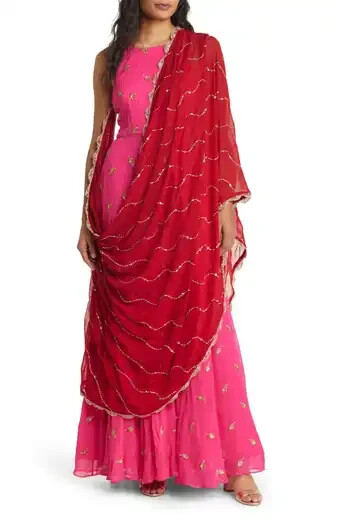 Sani Pink Red Gold Metallic Embroidered Anarkali with Dupatta Size XL $480