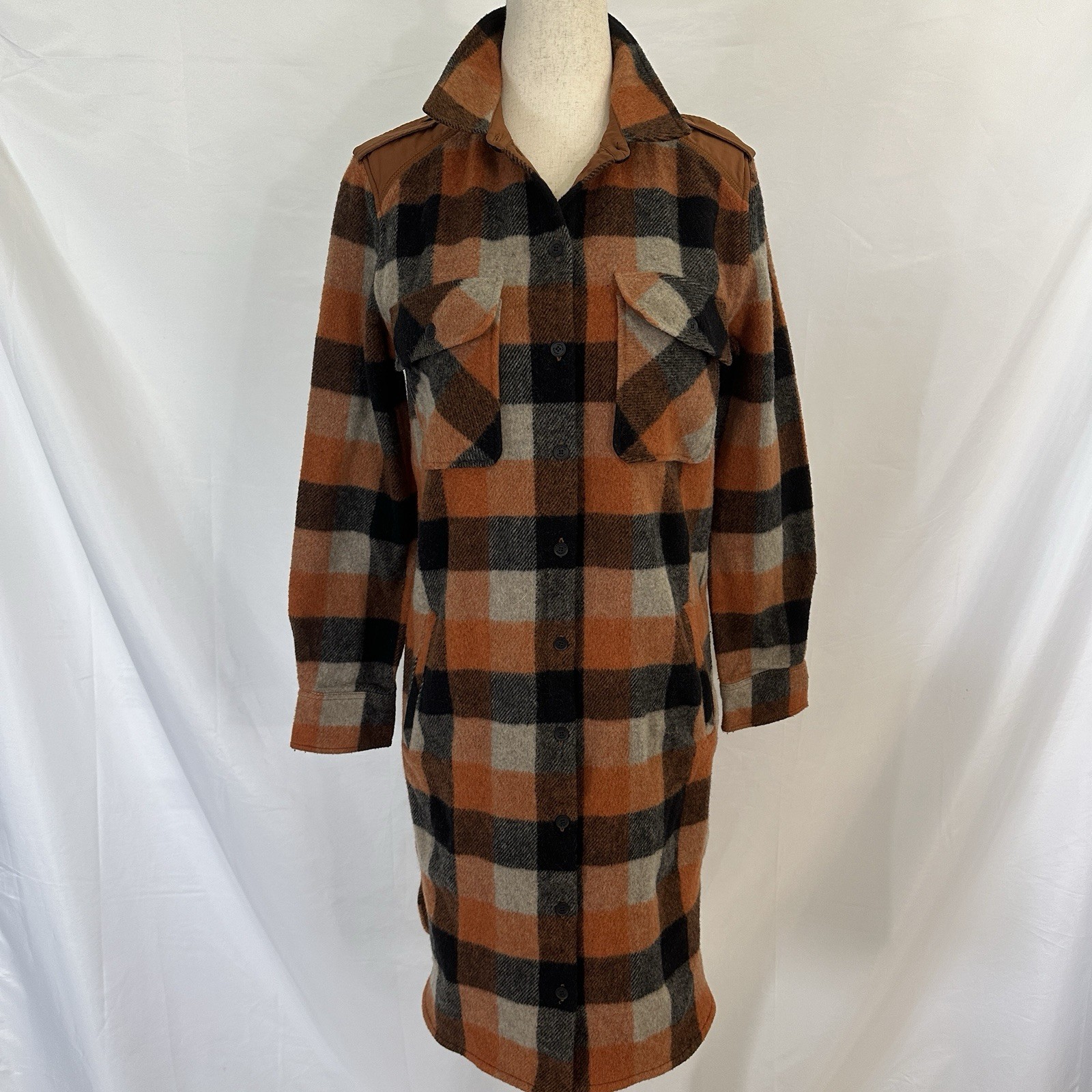 LACOSTE Plaid Checkered Flannel Shirt Dress 34 (S) Wool Blend Womens
