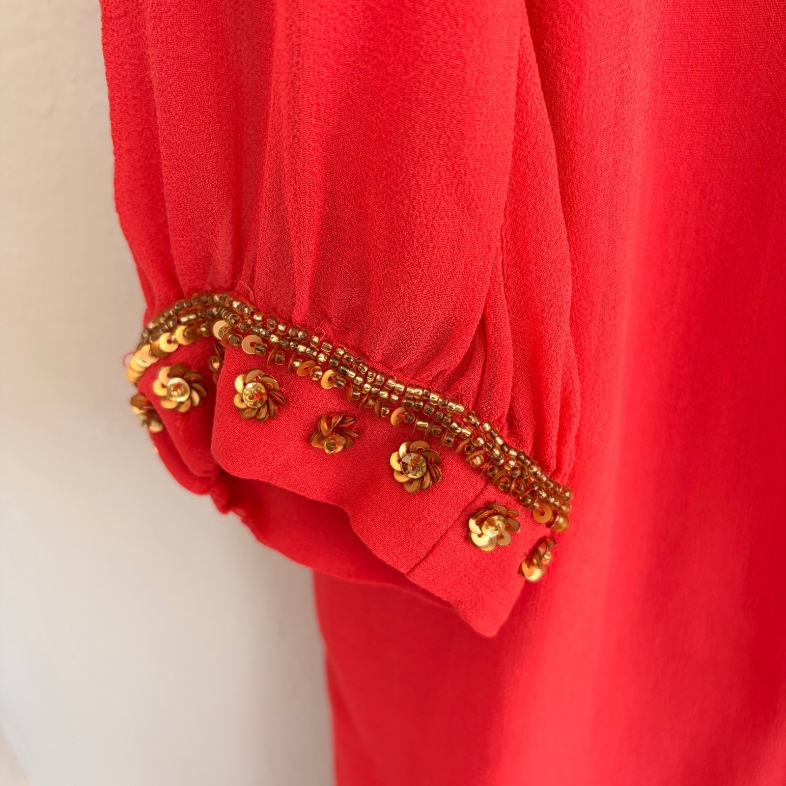 French Connection Shift Dress Silk-Georgette Sequined Coral V-Nick US10 UK14
