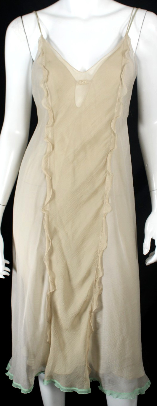 FENDI $2,650 2022 Ecru Silk Chiffon Ruffle & Logo Layered Slip Midi Dress 40
