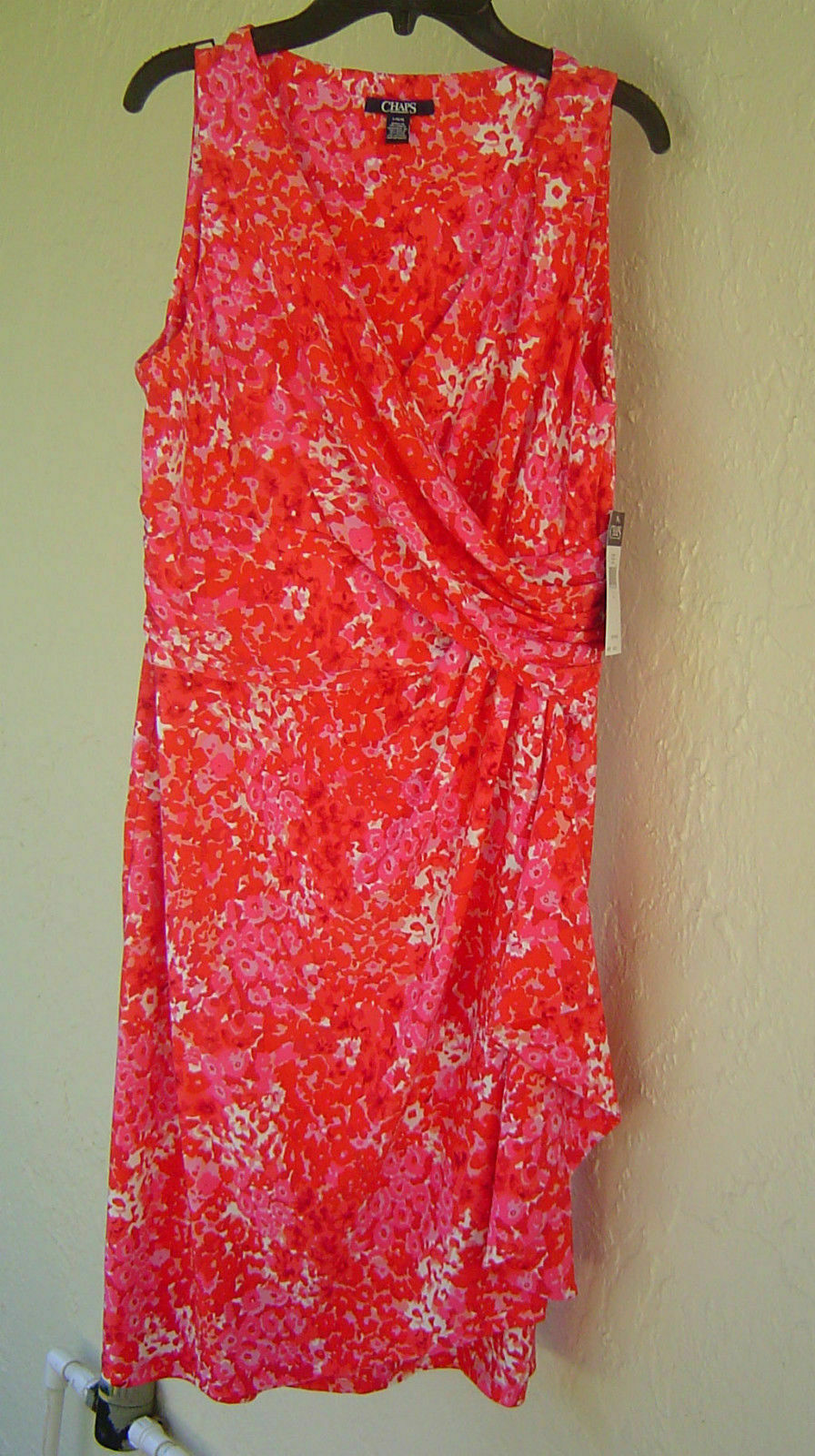 NEW CHAPS RED FLORAL FAX WRAP CAREER SHEATH DRESS SIZE L $98