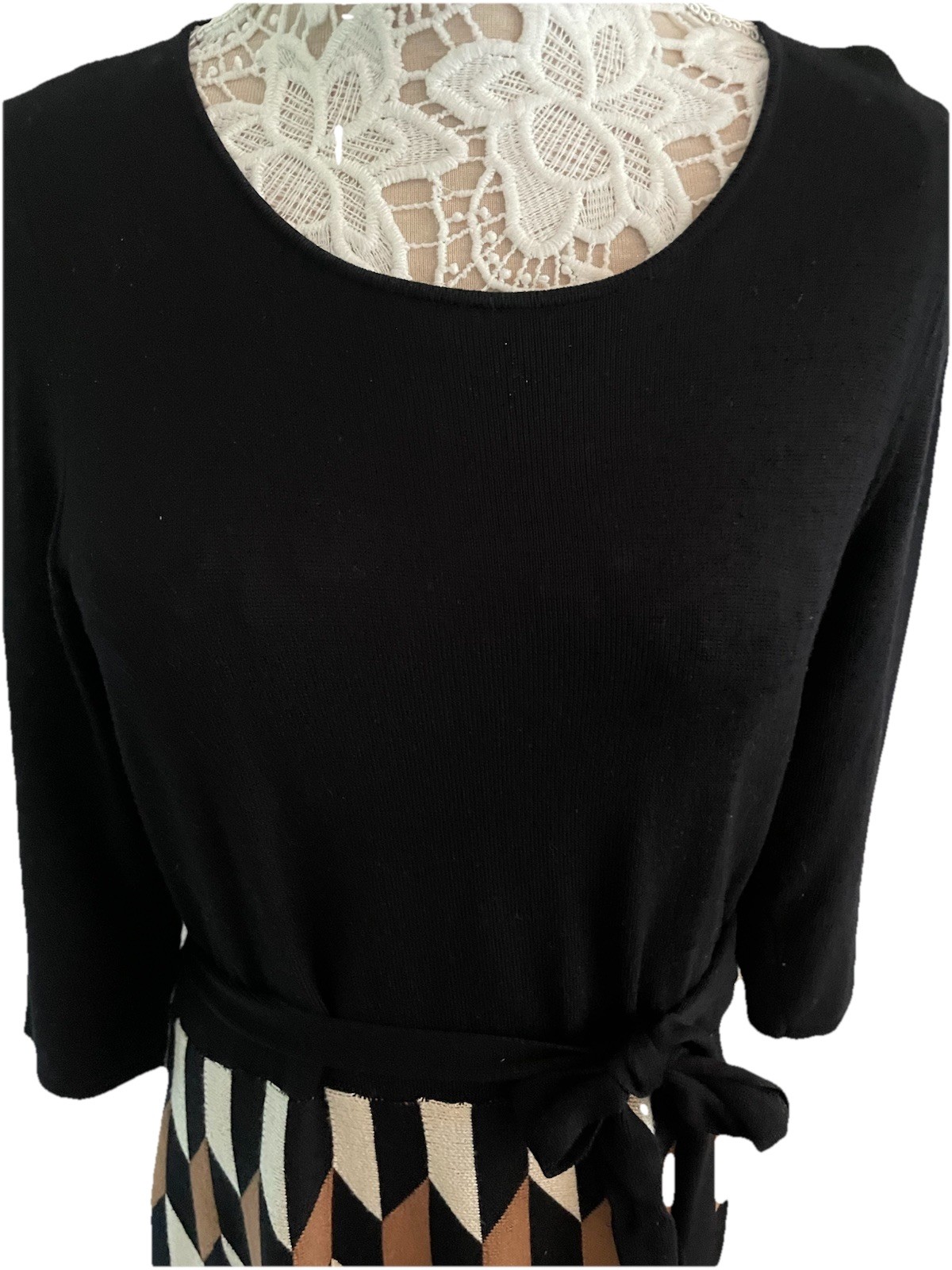 DANNY & NICOLE Black/Cream/Tan Geometric 3/4 Sleeve Belt Sweater Dress Sz L