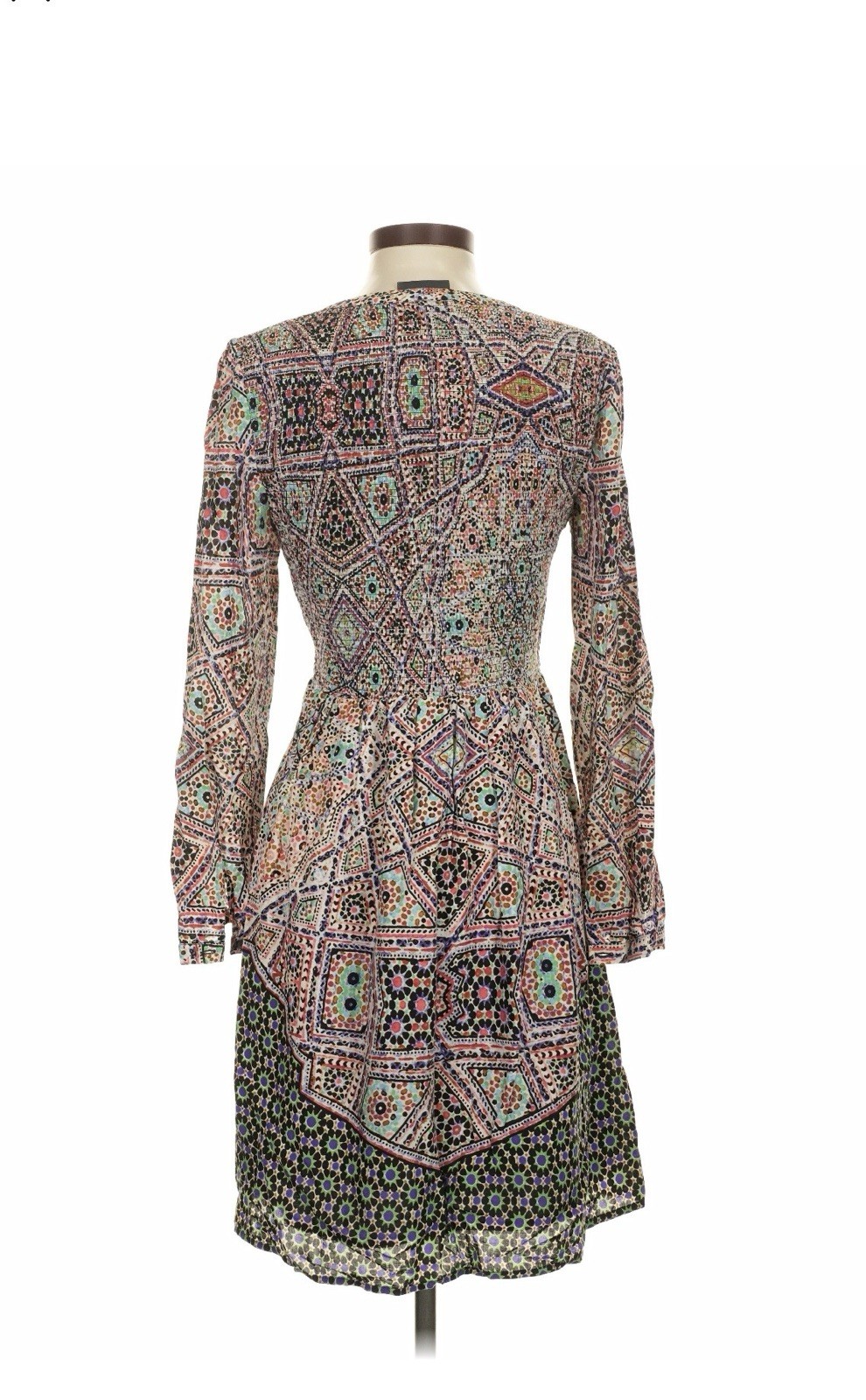 Maeve Multicolor Geometric V-Neck Smocked Long Sleeve Short Fit & Flare S
