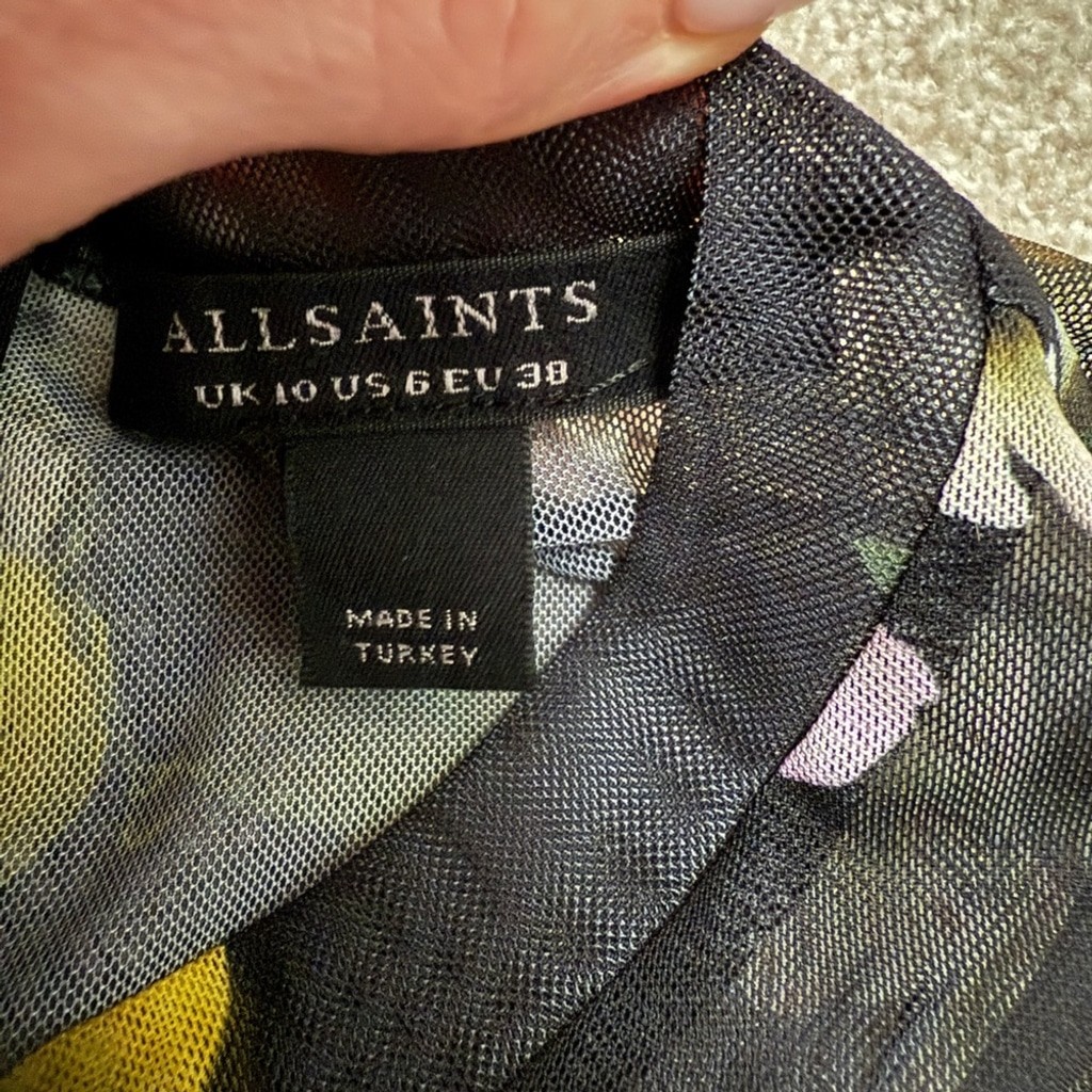 AllSaints – Giorgia Eugenia Floral Lemon Print Minidress w Ruching – size 6