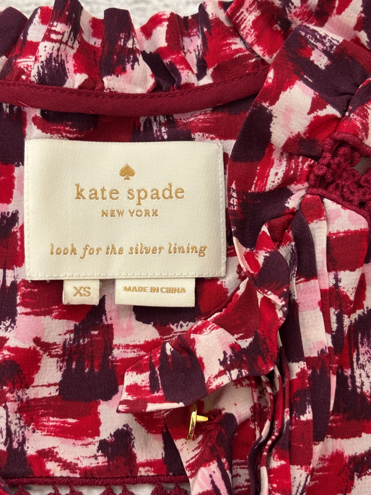 KATE SPADE Women XS Red Abstract Pintuck 100% Silk Floral Lace Long Sleeve Dress