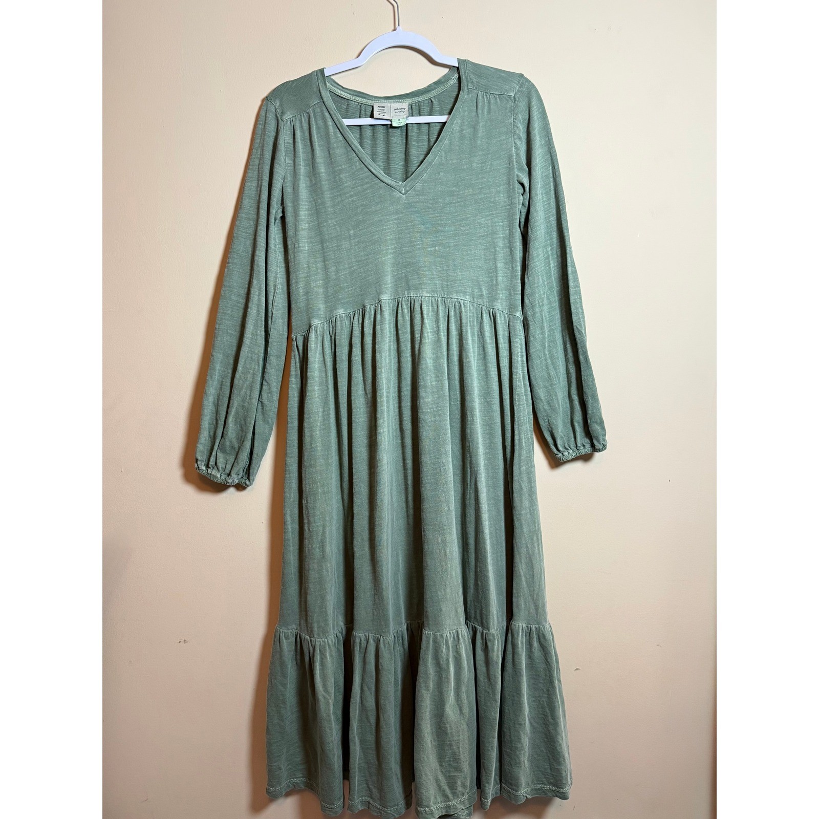 Saturday Sunday Anthropologie Sage Green Slub Cotton Tiered Midi Dress XS Boho