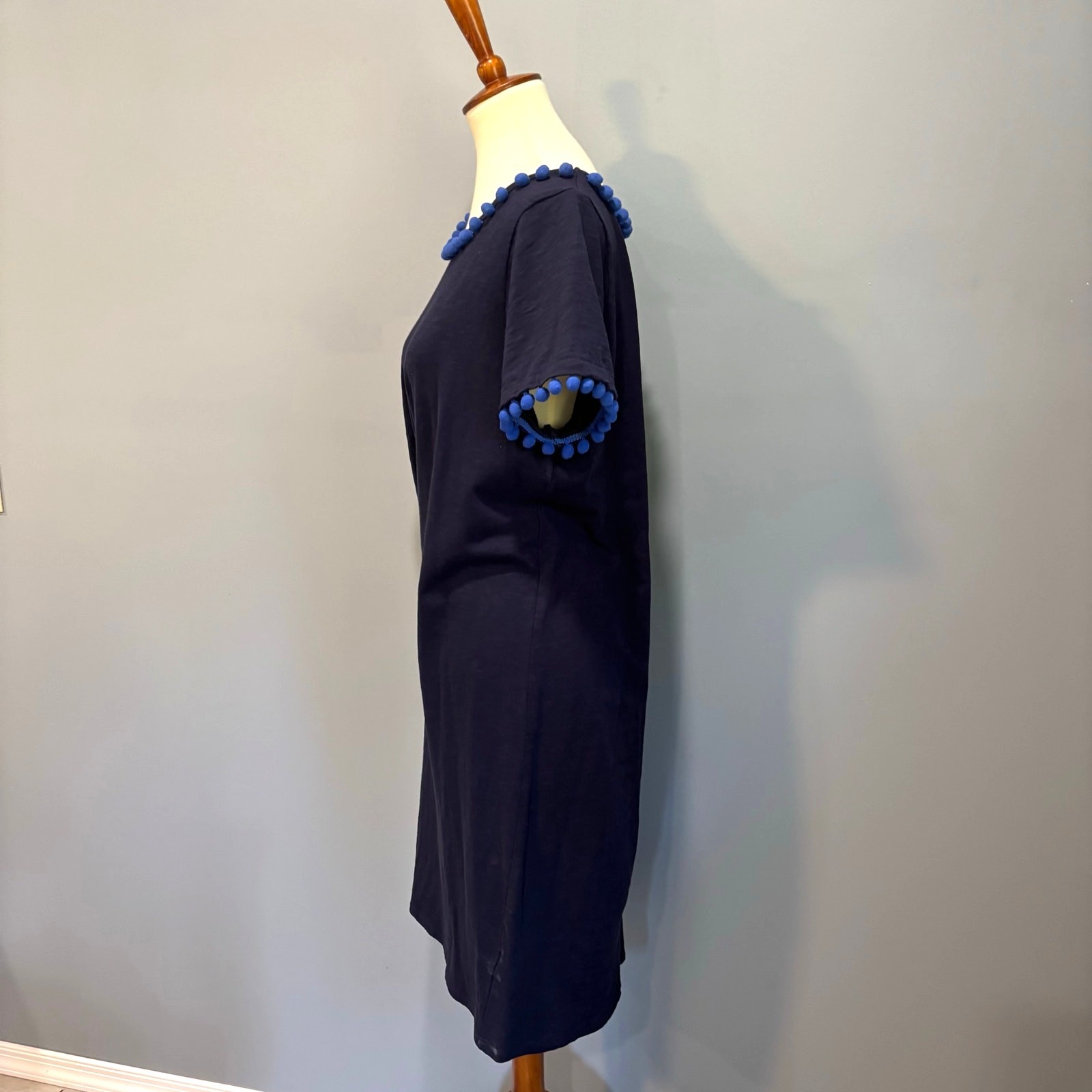 Boden Bridget Navy Pom Pom Slub Cotton Shift Dress Coastal Preppy Size 12