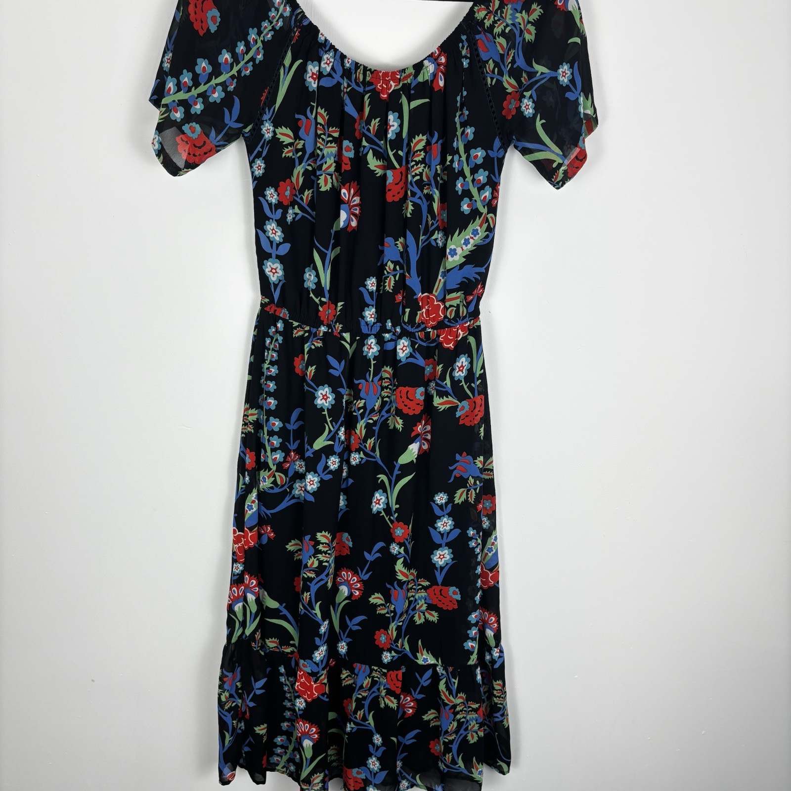 Anthology Black Floral Midi Dress Boho Western Size 10 Tassle Neck Sheer