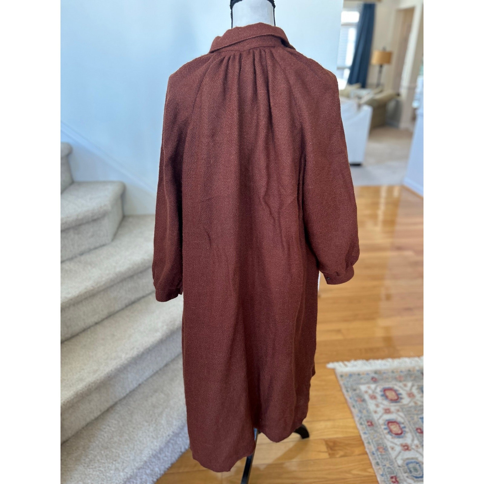 Vintage 60s Saks Fifth Brown Cashmere Wool Loose Peasant Long Sleeve Midi Dress