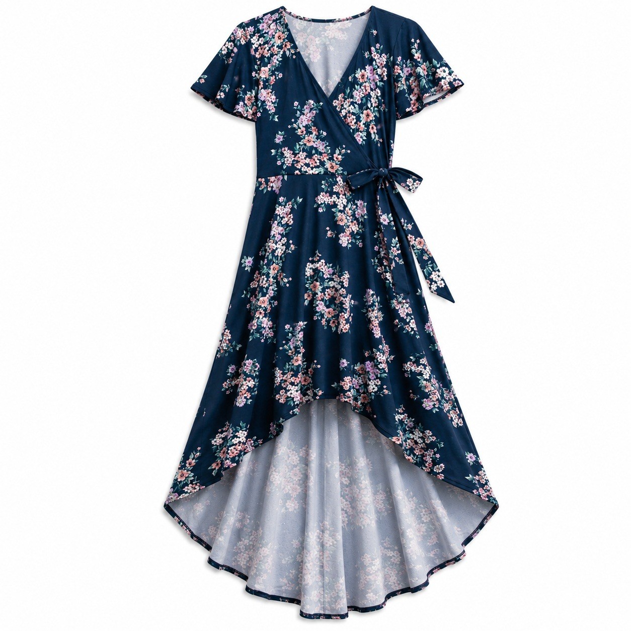 Fortune + Ivy Irene Faux Wrap Floral High-Low Dress Women XS Navy Blue