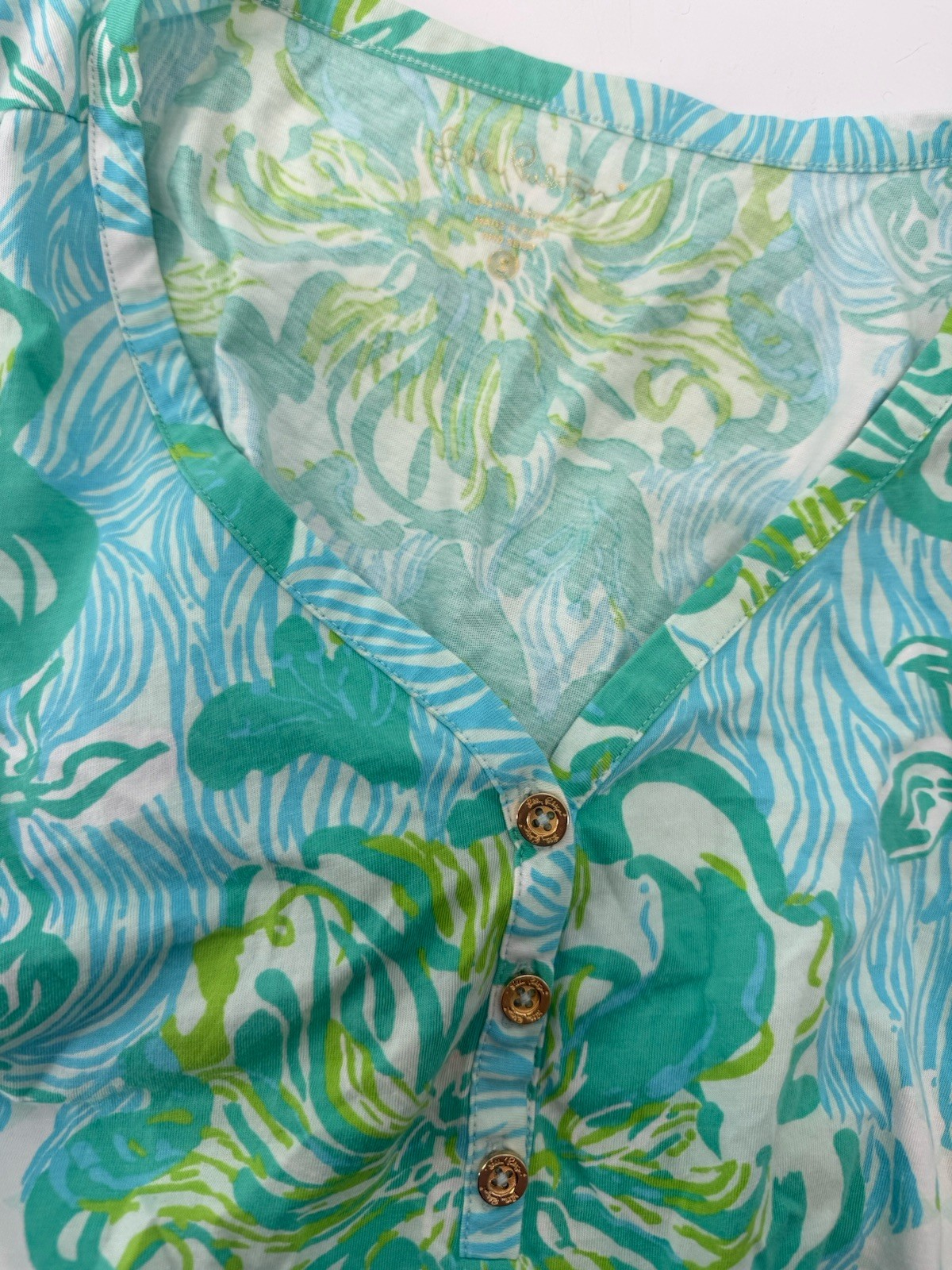 Lilly Pulitzer Palmetto Henley Dress Green Blue White Beach Resort Pima Cotton S