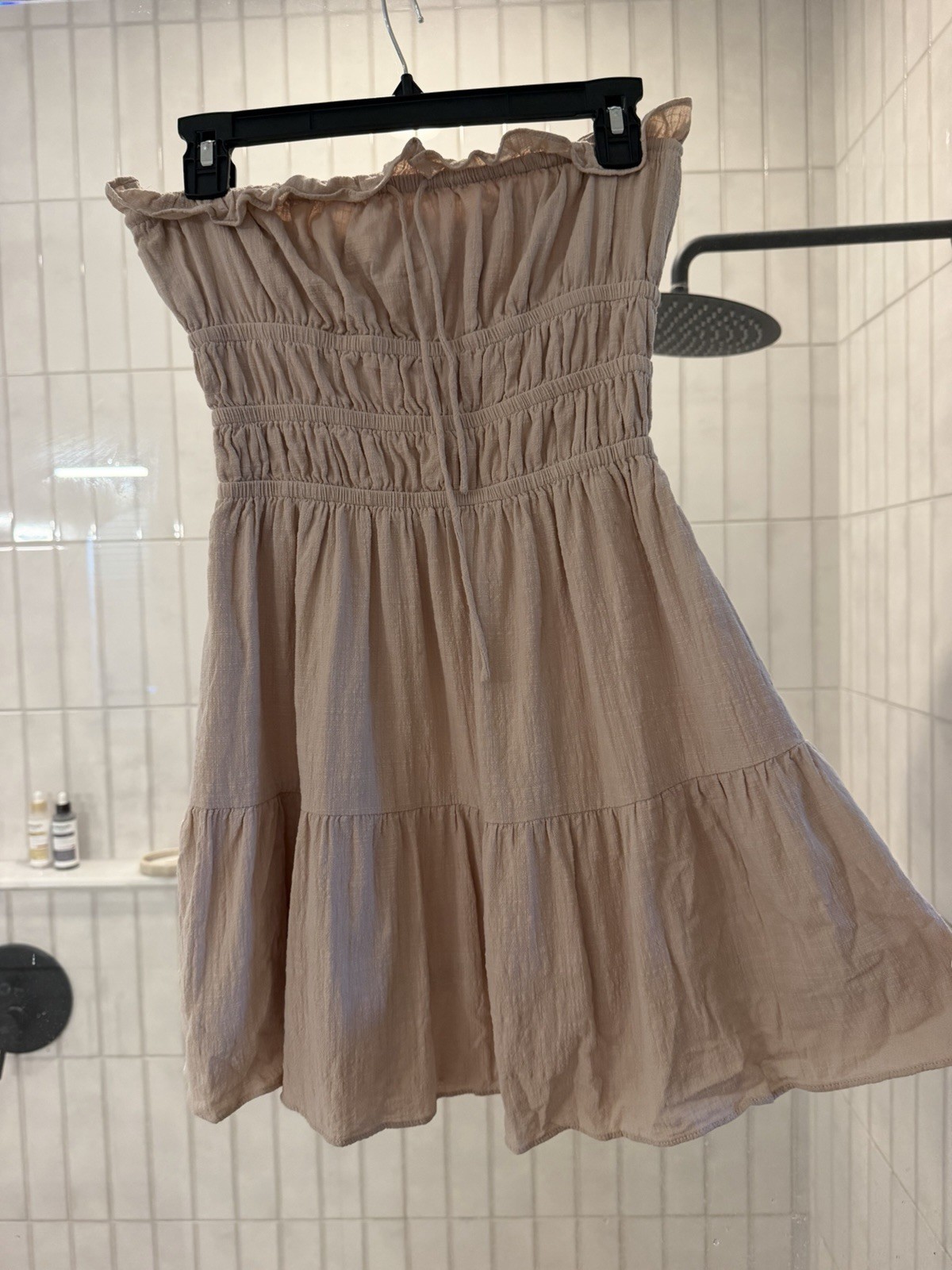 SABO Beige Strapless Smocked Ruffle Lined Woven Mini Dress S