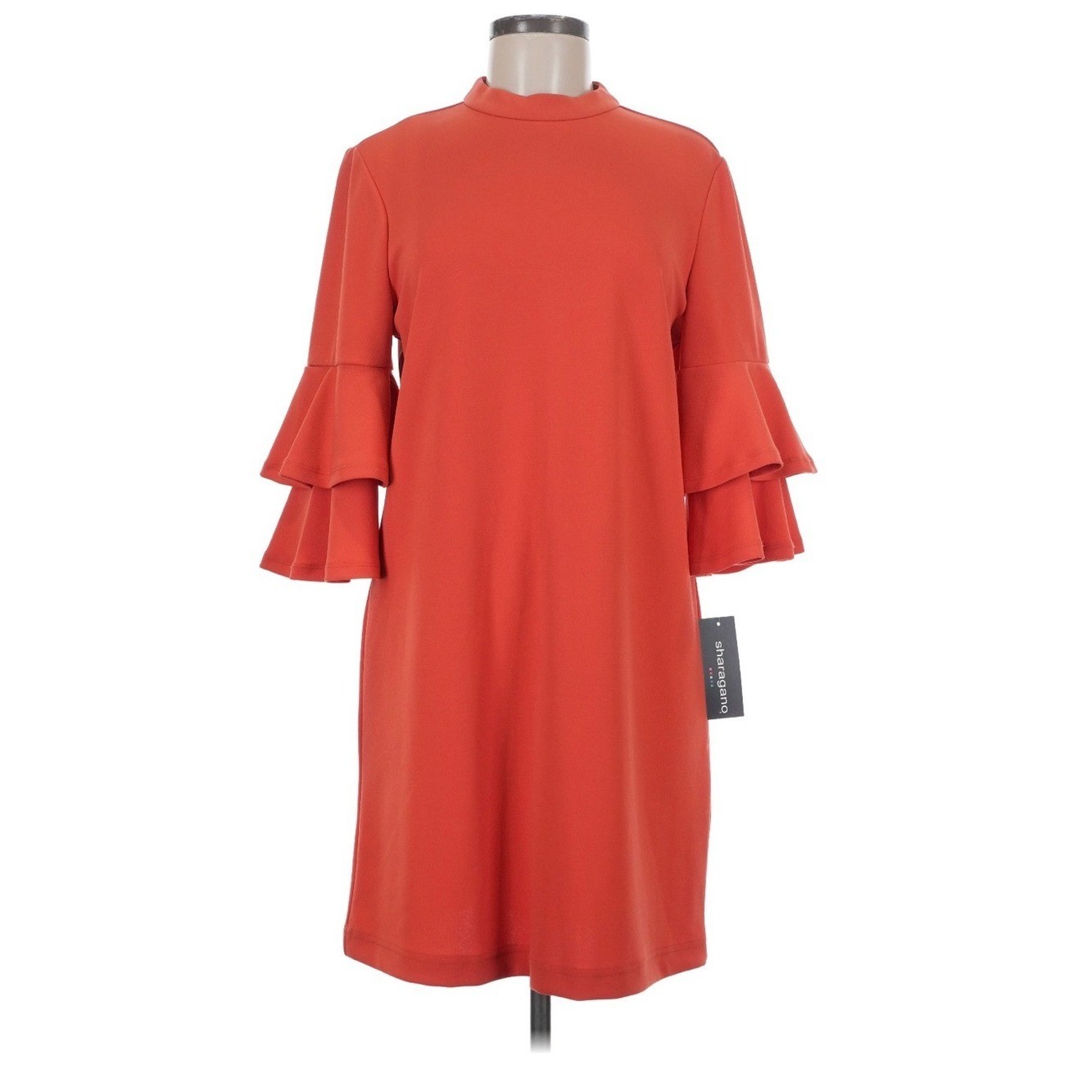 Sharagano Coral Orange Mockneck Shift Dress with Tiered Ruffle Sleeves