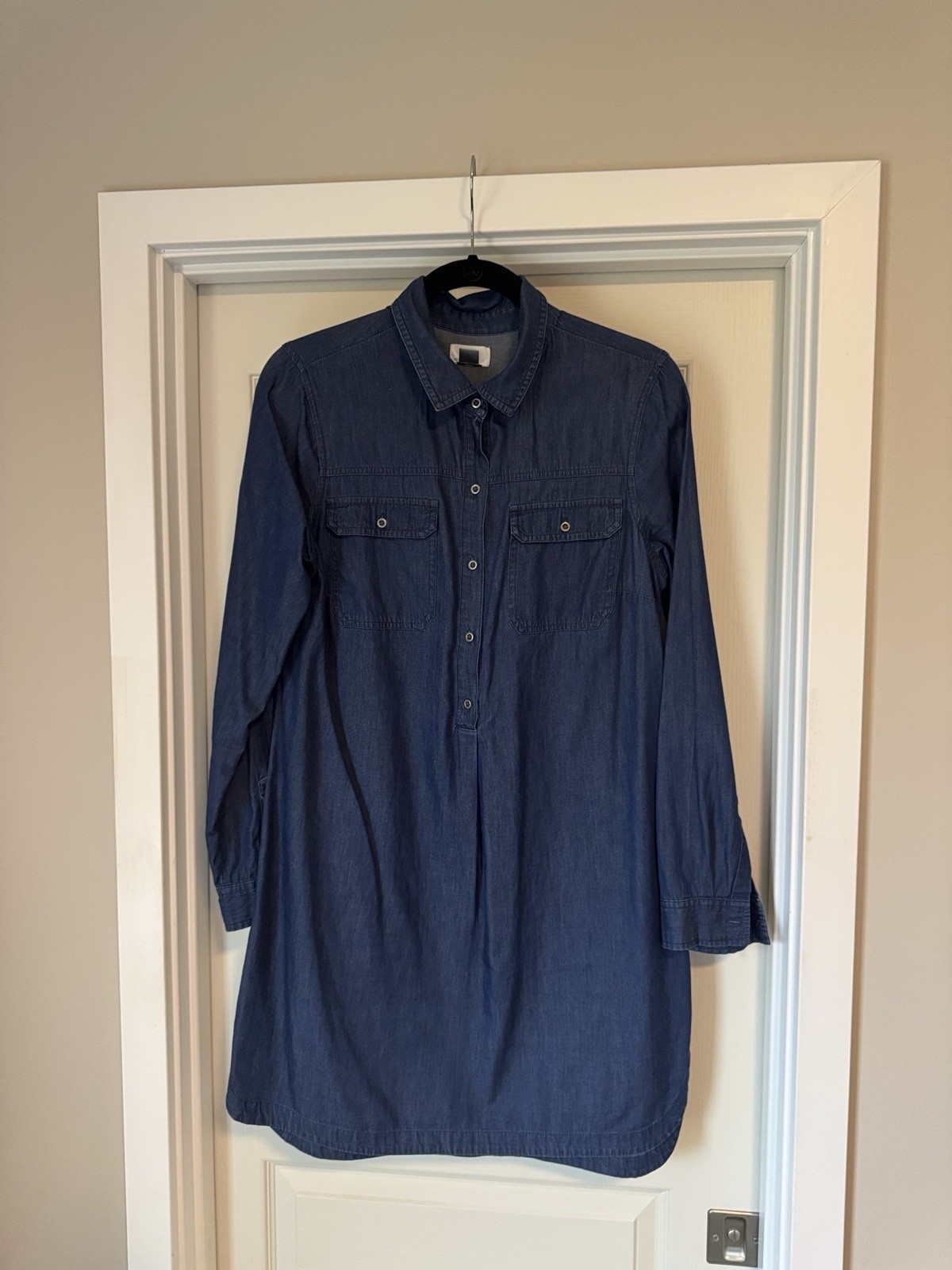 Old Navy Dress Womens Medium Dark Blue Chambray Long Sleeve Popover Shirt Shift