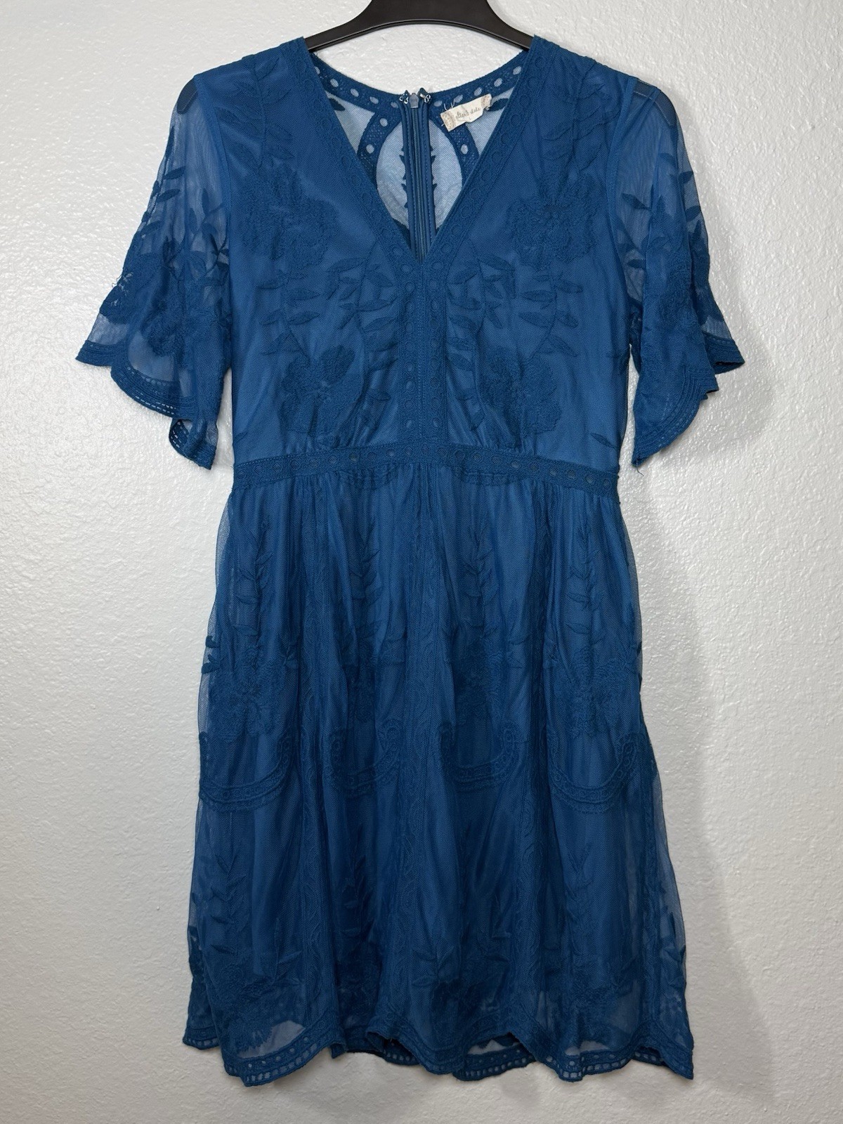 Altar’d State Blue Embroidered Mesh Fit & Flare Dress Knee Length V-Neck Size L