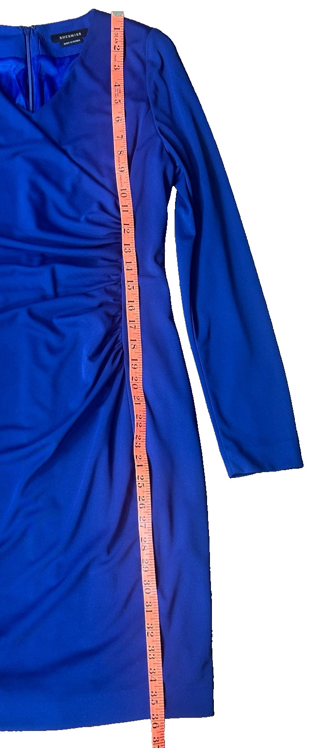 Shesmiss Blue Long Sleeve Polyester V-Neck Ruched Dress Made In Korea, Sz 4 -EUC