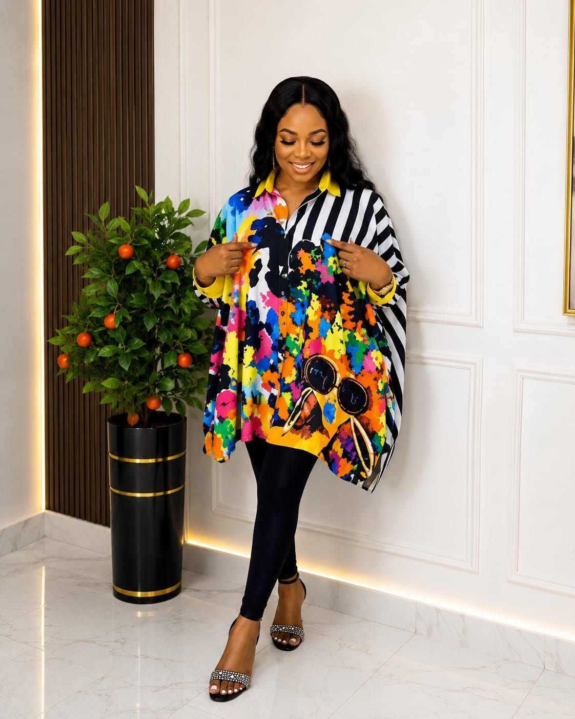 Oversized Multicolor Graffiti Print Button Down Boubou Shirt One Size