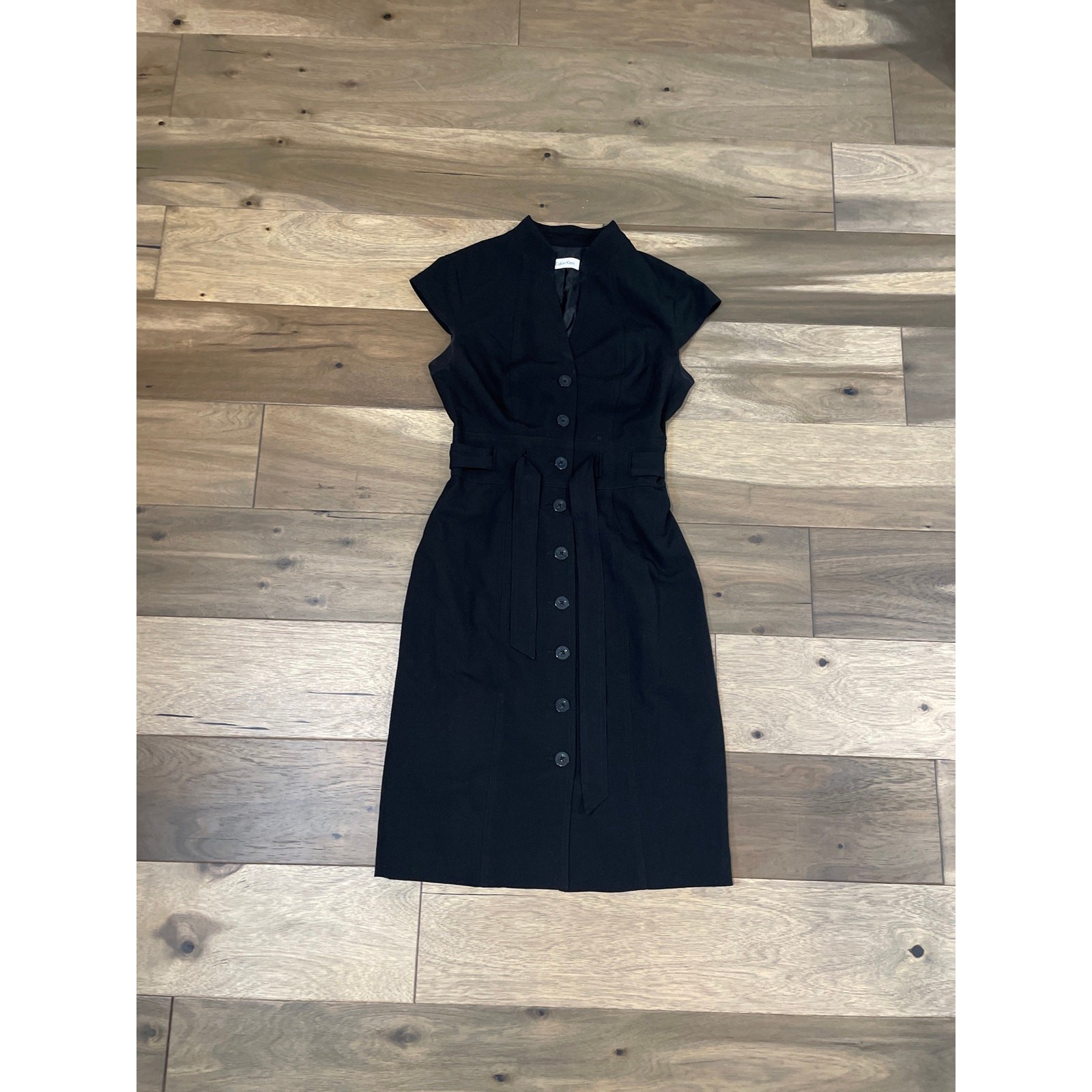 Calvin Klein Black Button Down Tie Waist Sheath Dress Cap Sleeves Size S