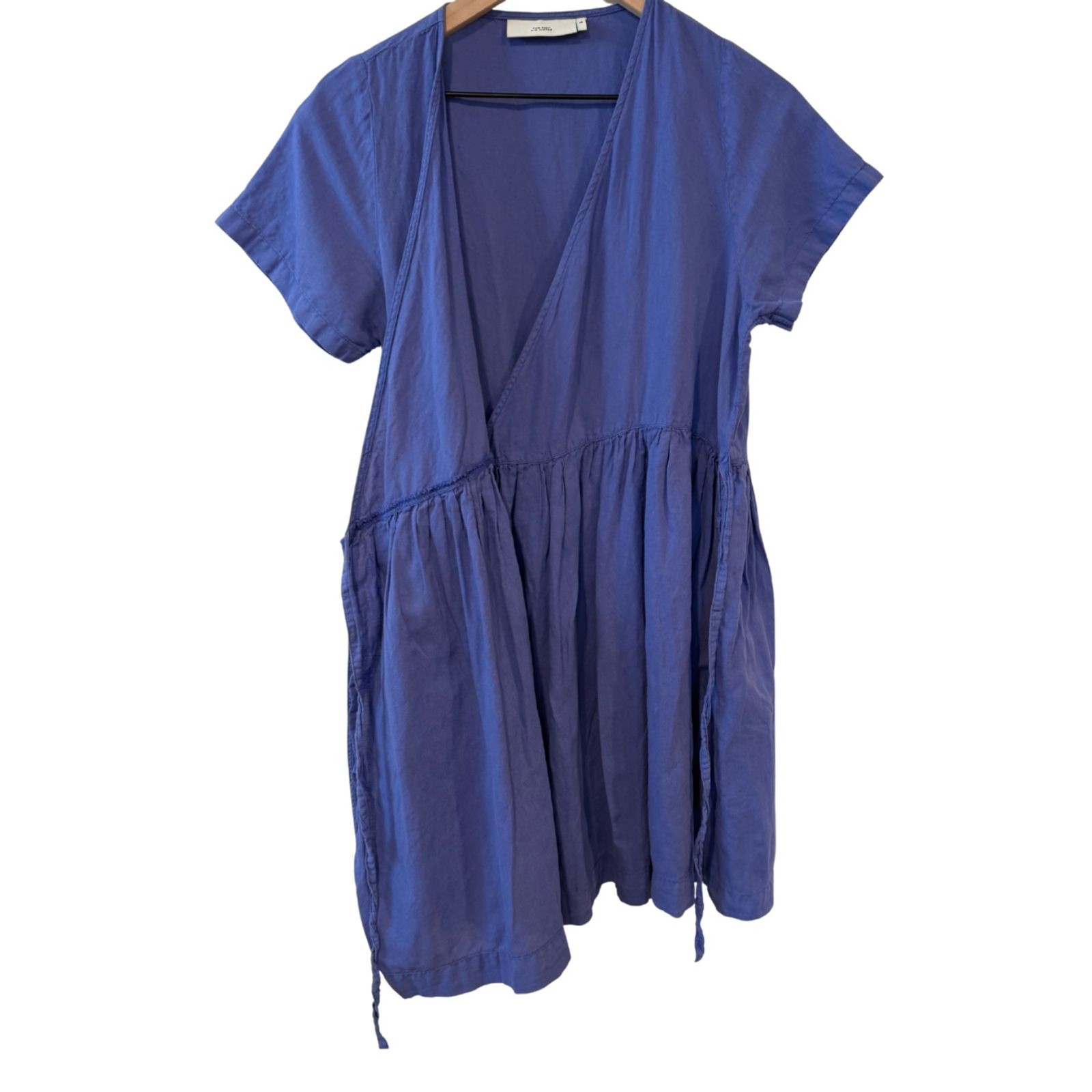Tiny Big Sister Linen Cotton Periwinkle Blue Short Sleeve Wrap Dress EU 38/US M