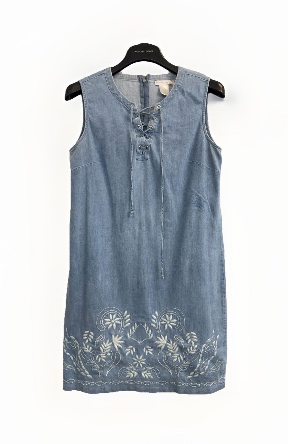 Westport 1962 Chambray Denim Embroidered Dress Women’s 4 Cotton Stretch Tie Neck
