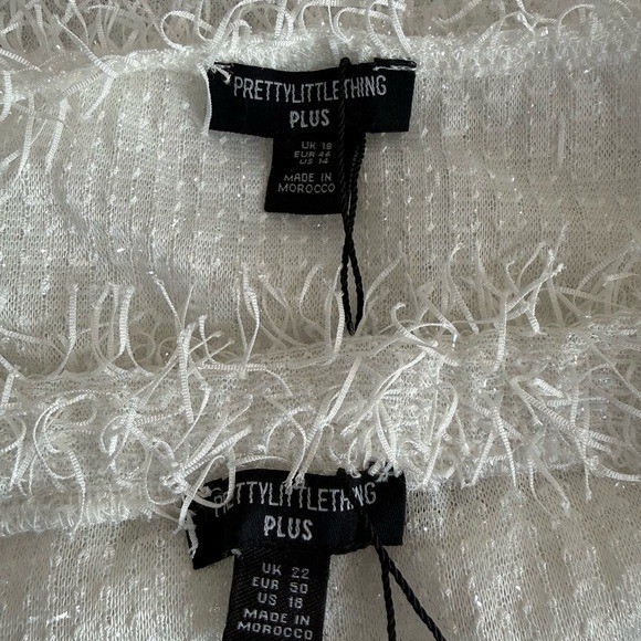 PrettyLittleThing Plus White Fluffy Glitter Knit Two-Piece Mini Skirt Set