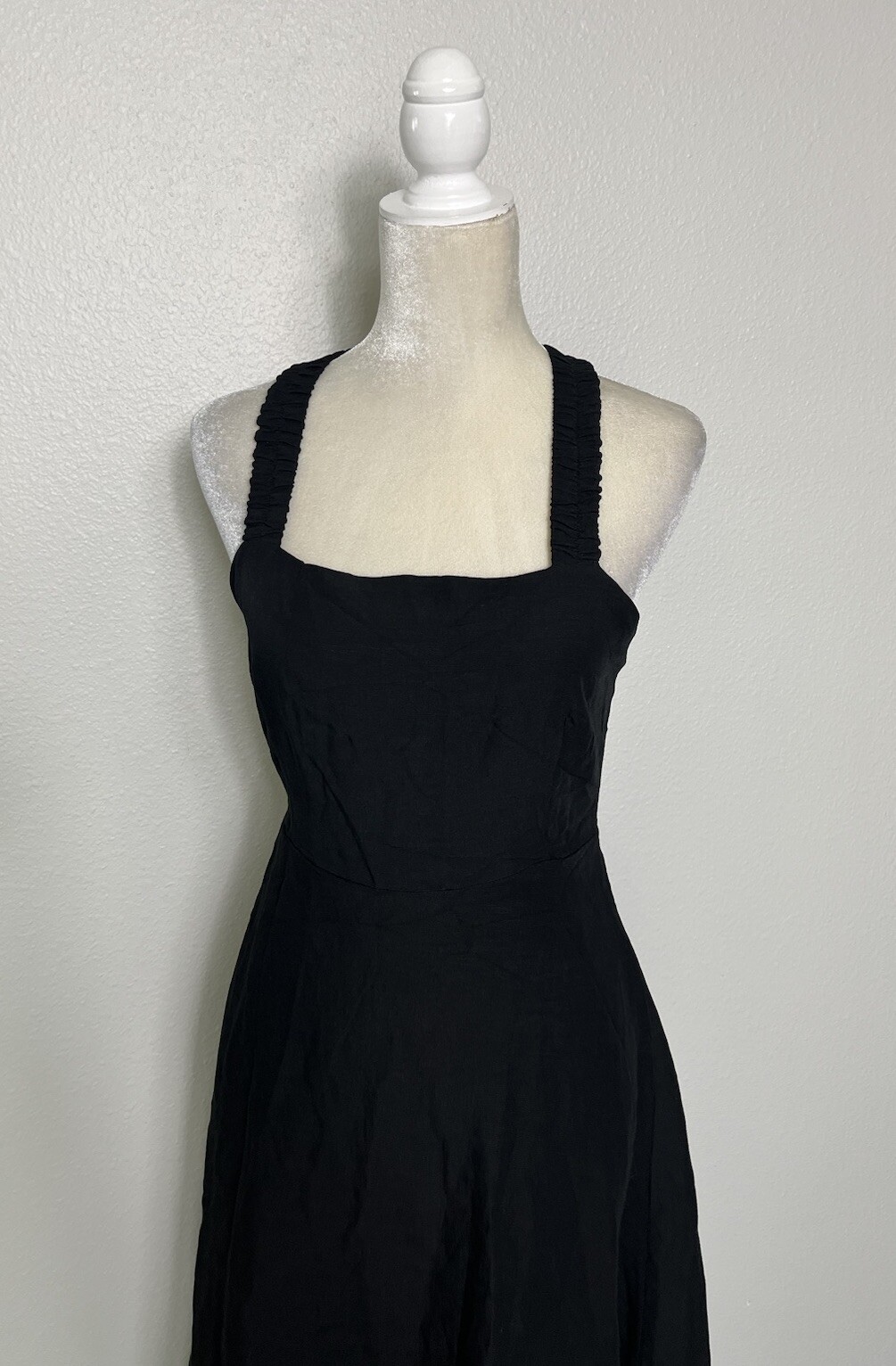 ASTR Valenz Linen Blend A Line Square Neck Criss Cross Back Midi Dress Black M