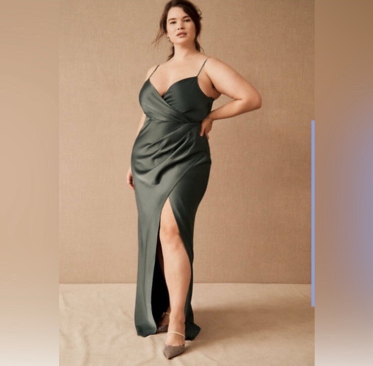 BHLDN Size 14 Freya Satin Charmeuse Maxi Slip Dress Moss Green Bridesmaid NWT