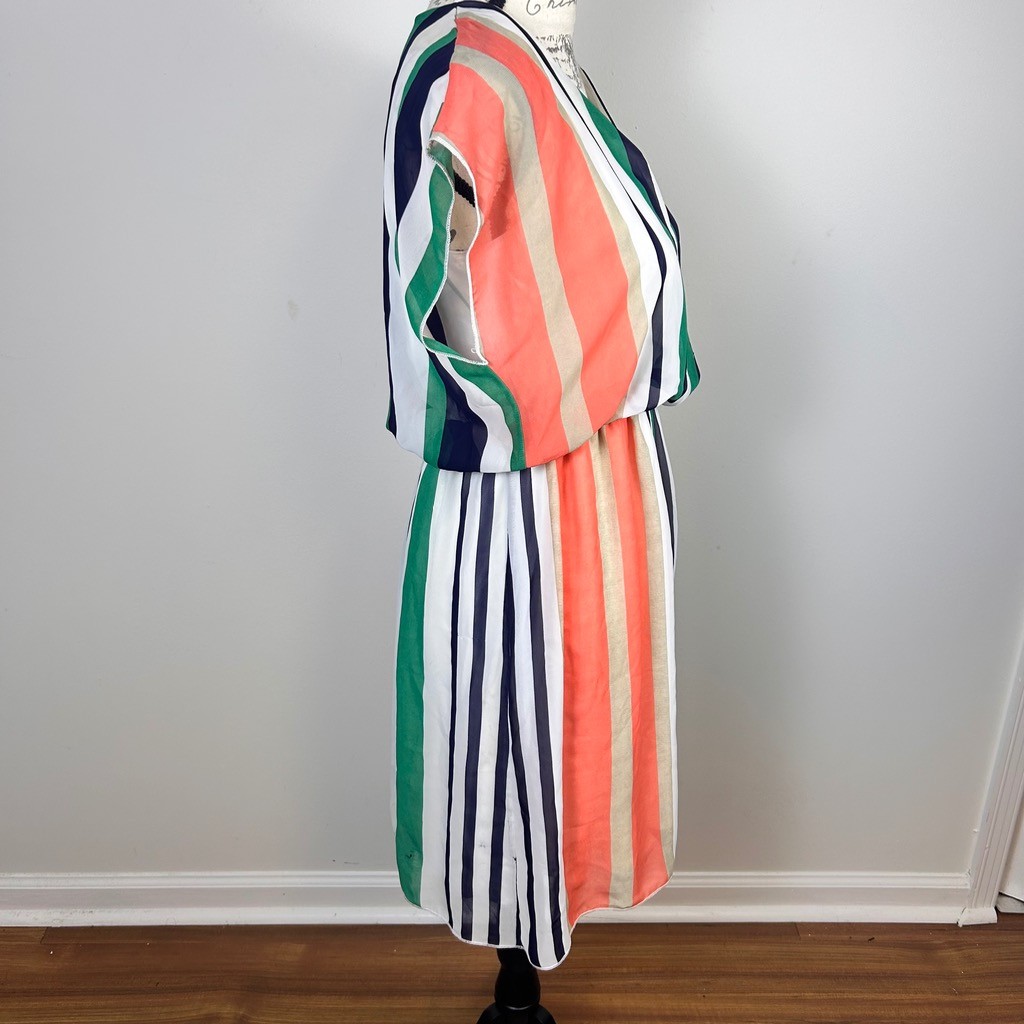 Espresso Colorblock Striped Chiffon Dress Womens Medium Green Orange Navy White