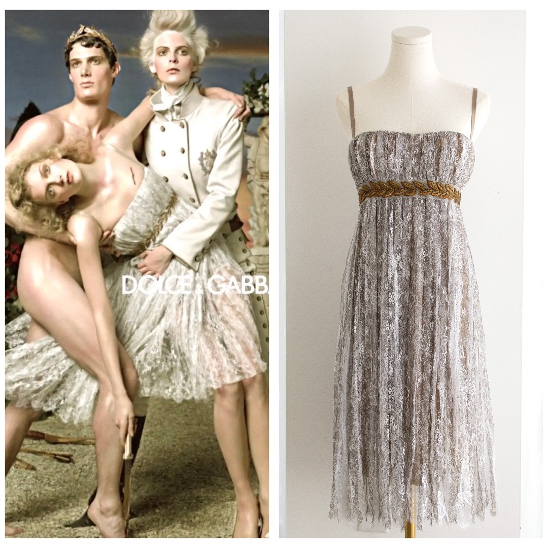 Dolce & Gabbana Vintage F/W 2006 Napoleonic Grey Lace Gold Laurel Dress