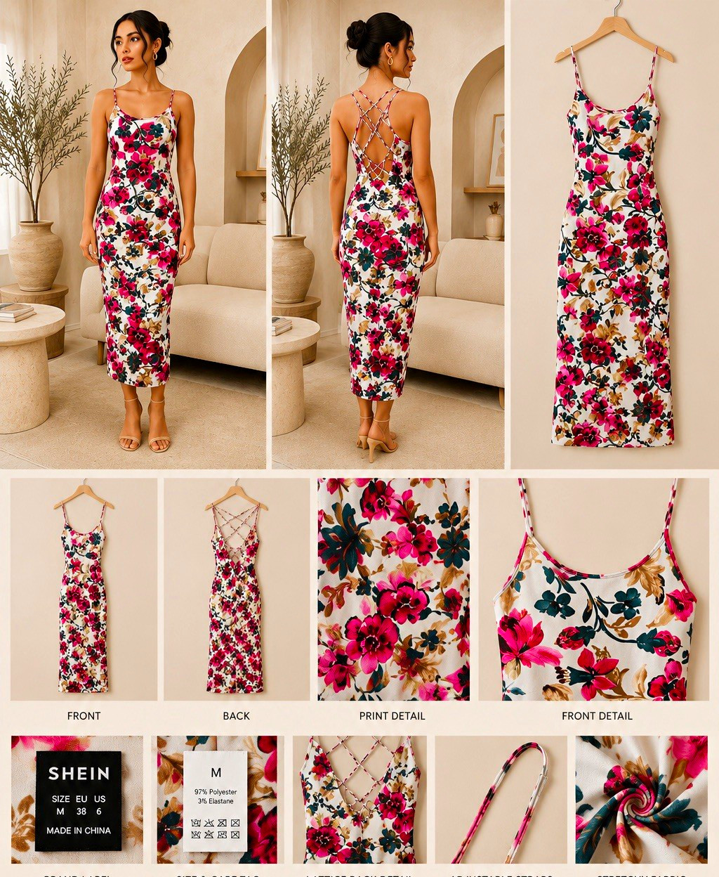 Scoop Neck Spaghetti Strap Lattice Back Midi Dress Floral Stretch | Size M