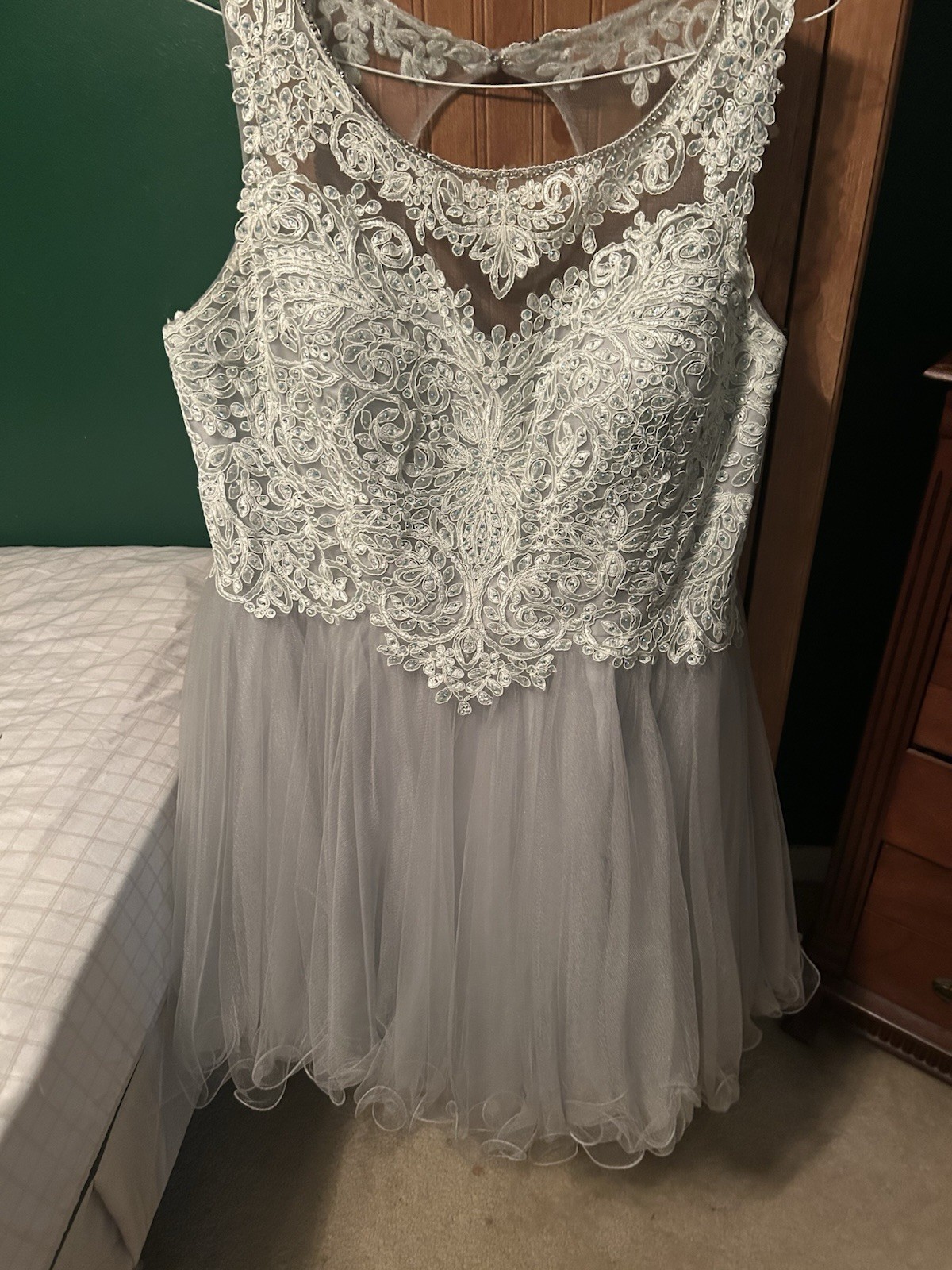 May Queen Gray Fit & Flare Knee Length Tulle Lace Beaded Scoop Neck Dress 20