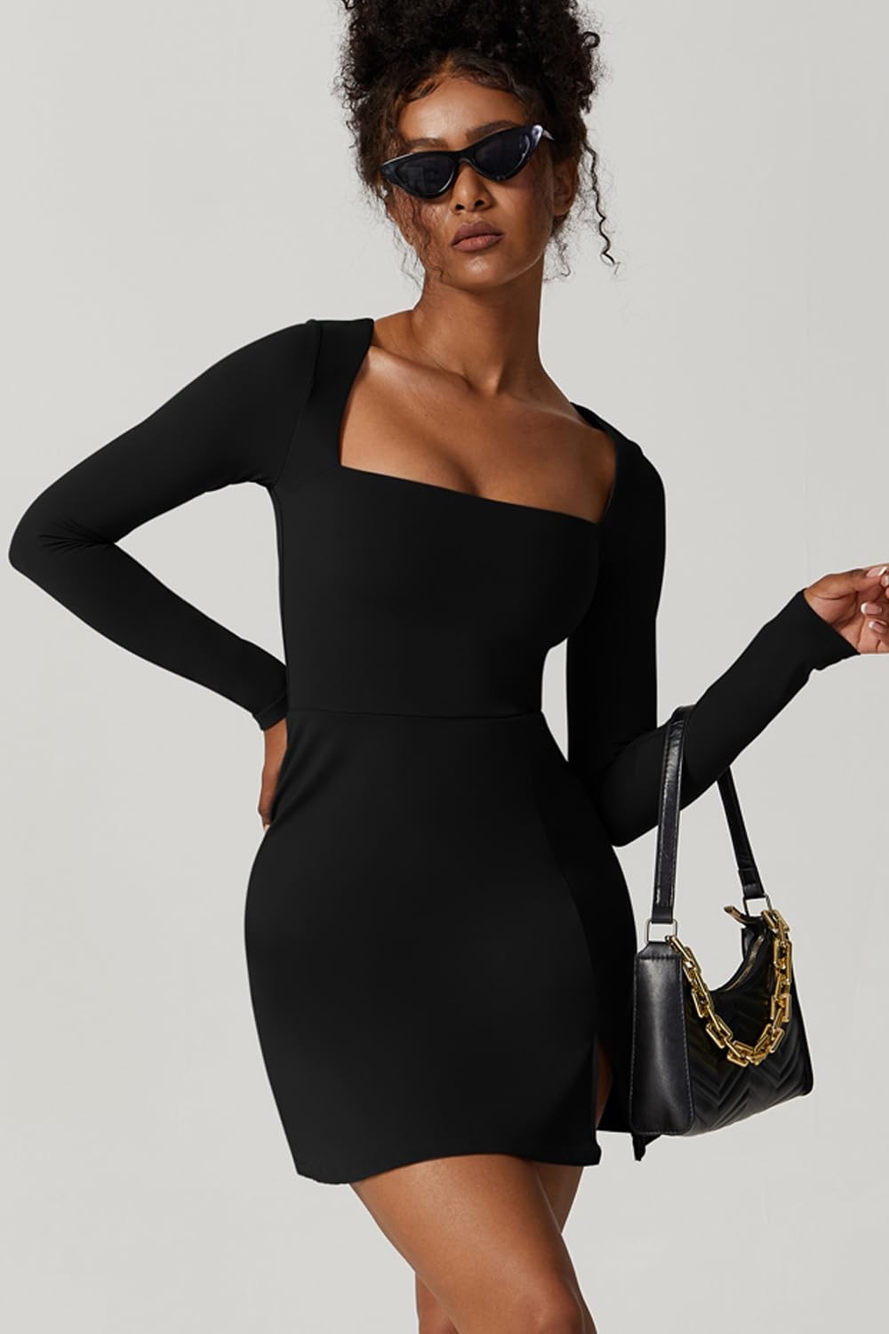 QINSEN Woman’s Solid Black Mini Dress Long Sleeve Square Neck Stretch Flare