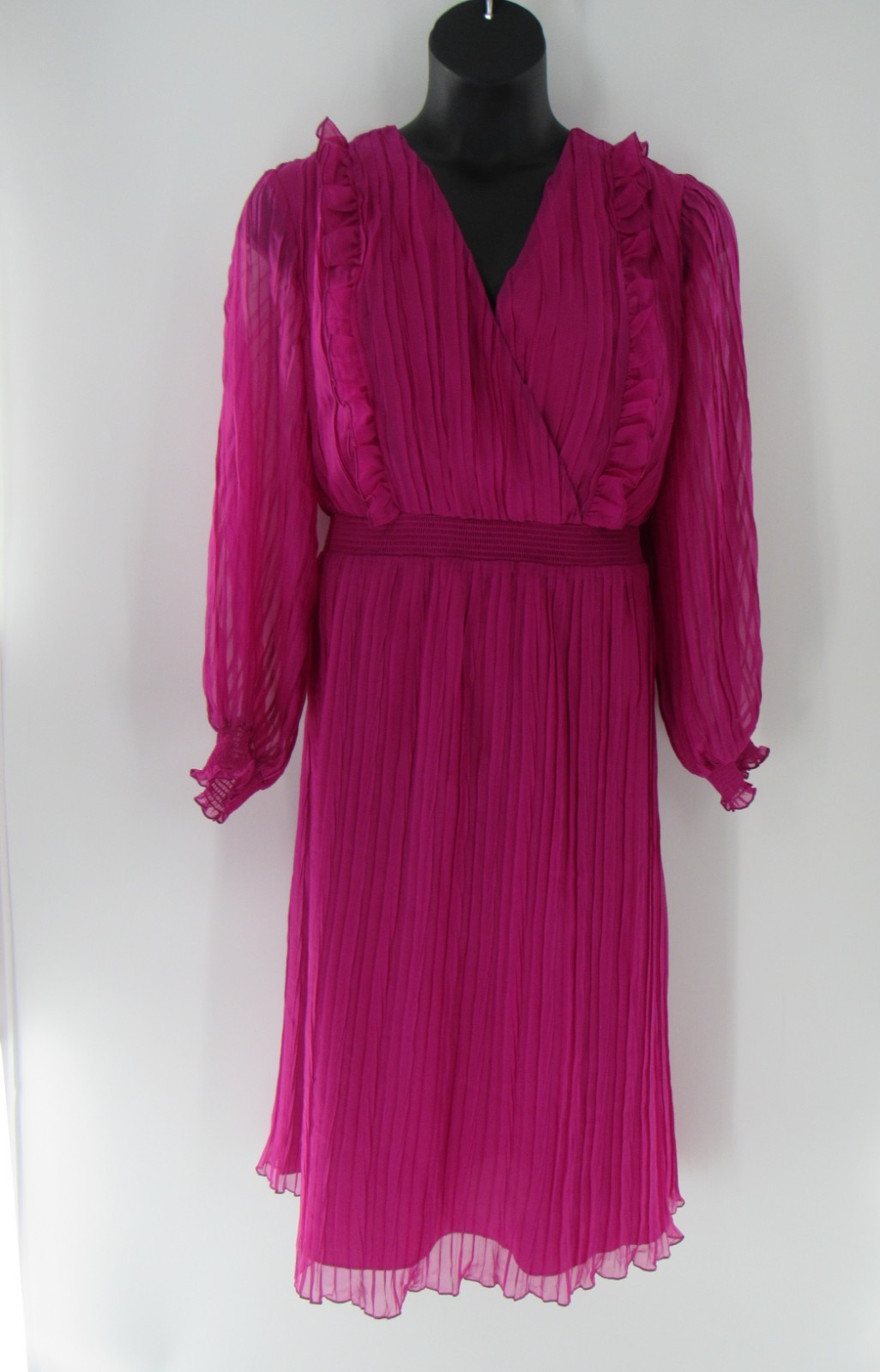 ELOQUII Plus Size Purple Pleated Midi Dress Wedding Guest Retro Ruffle Trim 70s