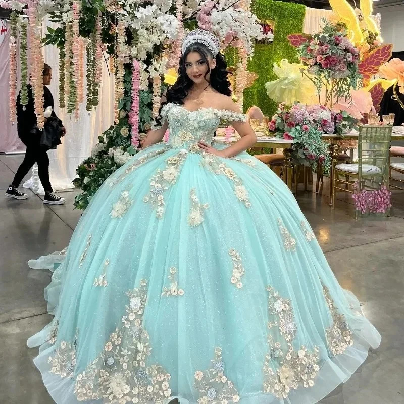 Mint Off Shoulder 3D Floral Ball Gown Quinceanera Sweet 16 Formal Dress