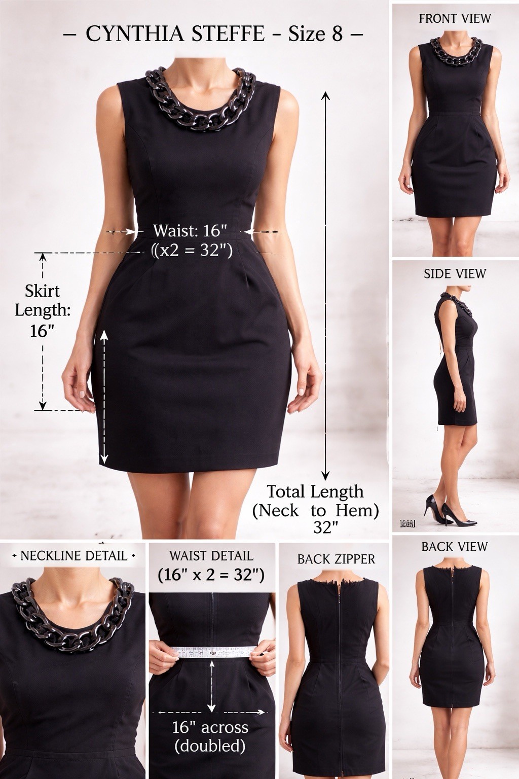 Cynthia Steffe Black Chain Accent Sheath Short Dress 8 Sleeveless