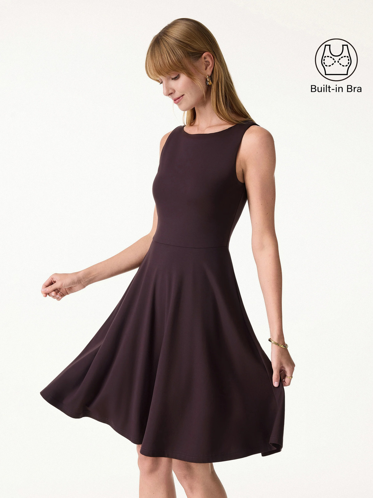 Stretchy Boatneck Fit-and-Flare Mini Bra Dress with Pockets-OGLmove|118859