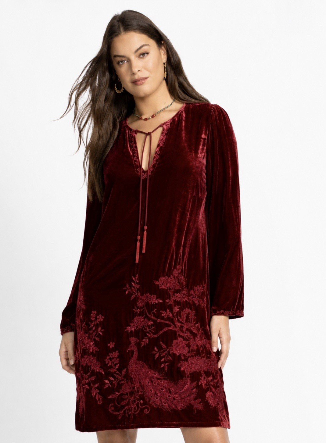 New🌺$388 Johnny Was XL Burgundy Velvet V-Neck Kimono Sleeve Embroidered Dress