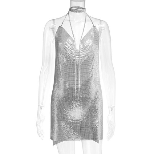 Hot Metal Chain Halter Women Backless Mini Dress High Slit Night Dress Party