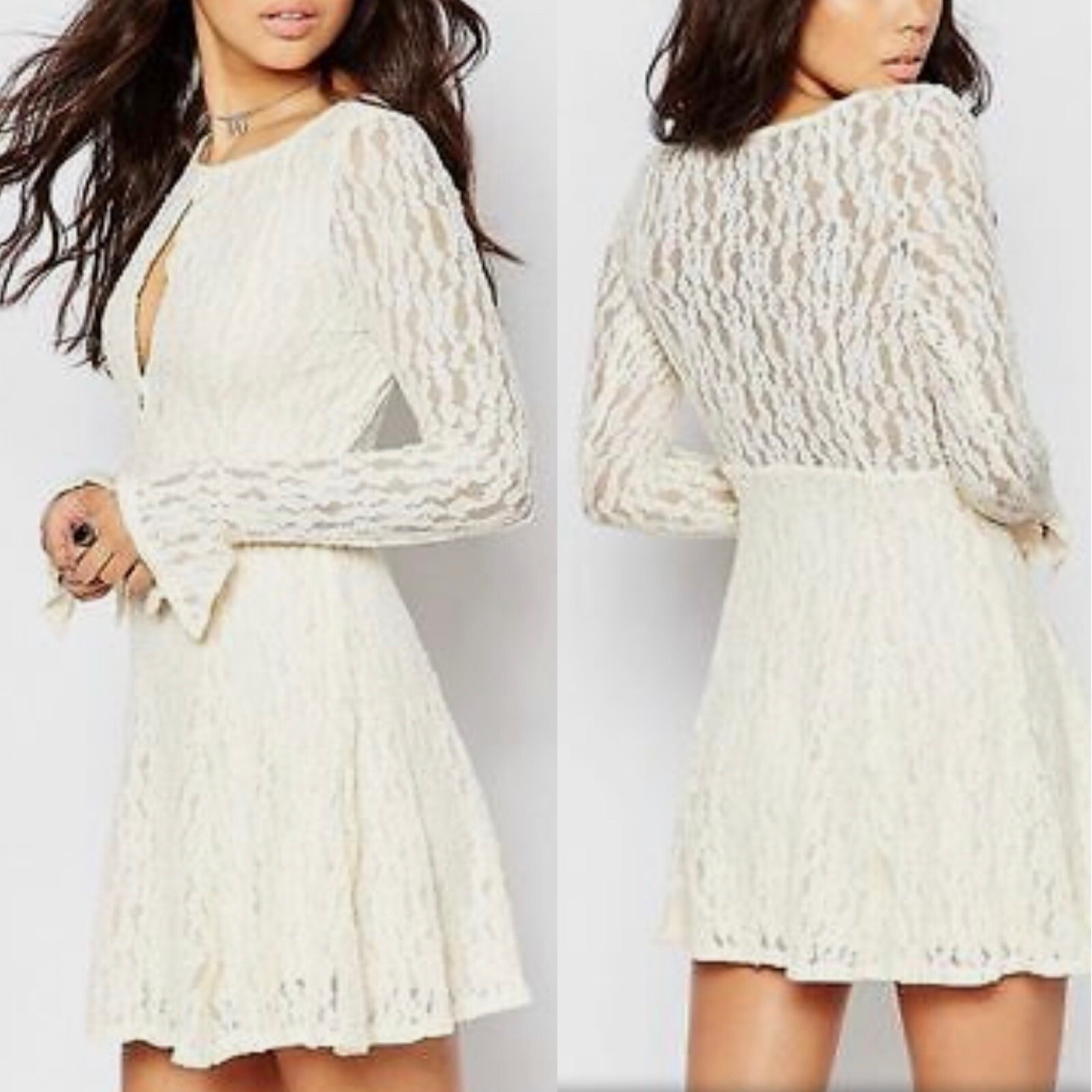 NEW Free People Teen Which Shearling Ivory Lace Flared Sleeve Dress Coquette S