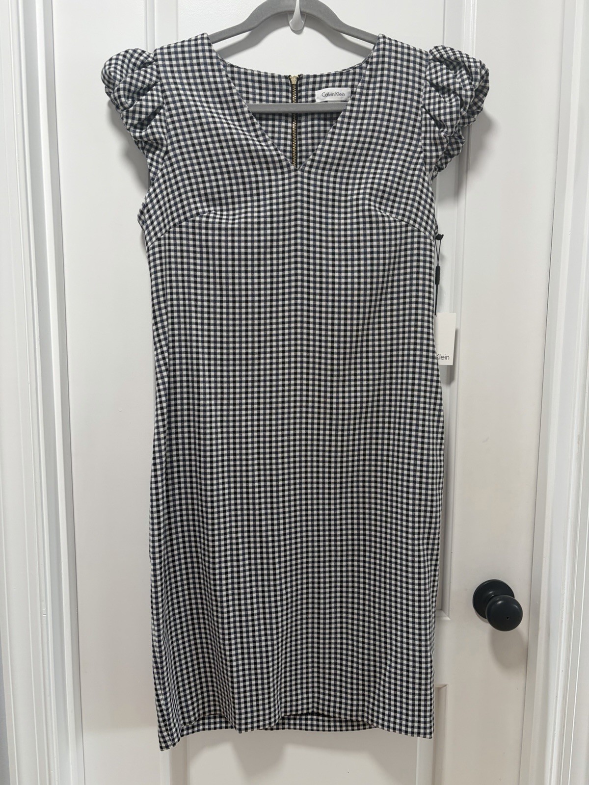 Calvin Klein NWT size 12 Gingham Puff Sleeve Sheath Dress Blue Black White