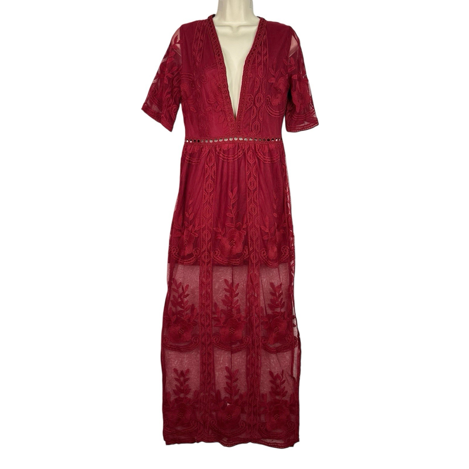 Eleter Lace Overlay Maxi Romper Womens Small Burgundy Deep V Boho Festival Dress