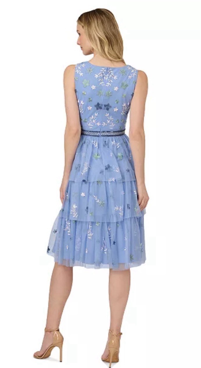 Adrianna Papell Beaded Tiered Mesh Dress Blue Womens Size 14 Floral Embroidered