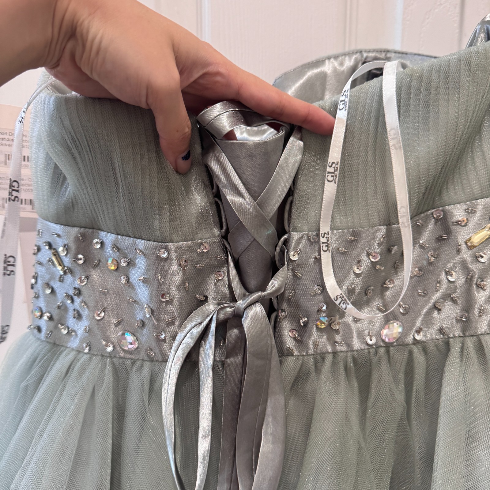 NWT GLS Limited Edition Strapless Beaded Tulle Prom Party Dress L Sage Gray