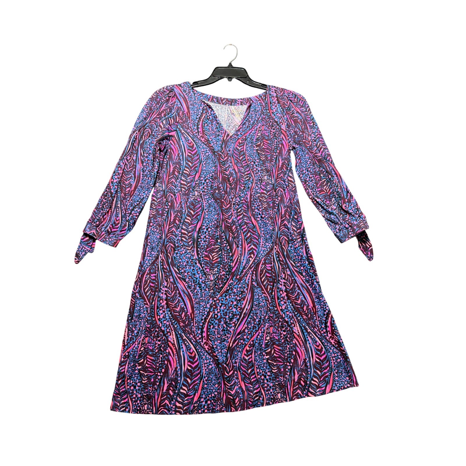 Lilly Pulitzer Dress Women S Blue Pink V-Neck Long Sleeve Tie Cuff A-Line