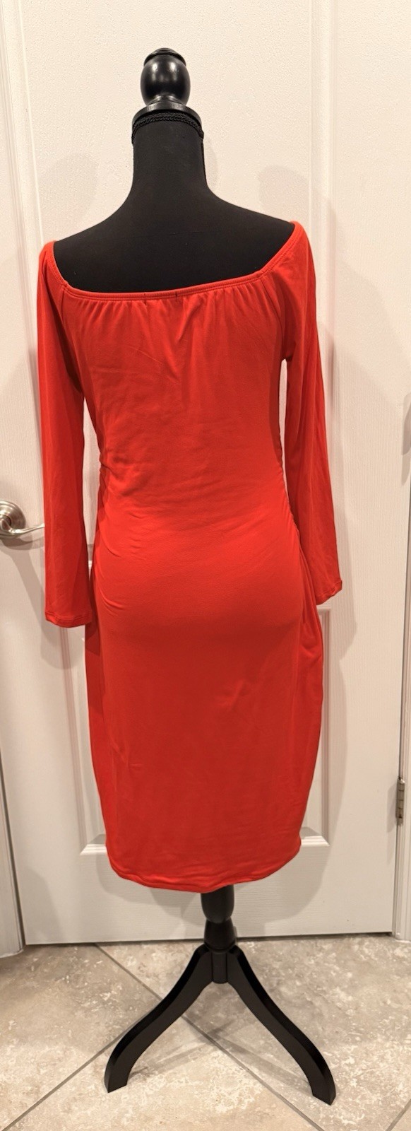 American Dream Red Solid Ruched Jersey Scoop Neck 3/4 Sleeve Bodycon Dress L