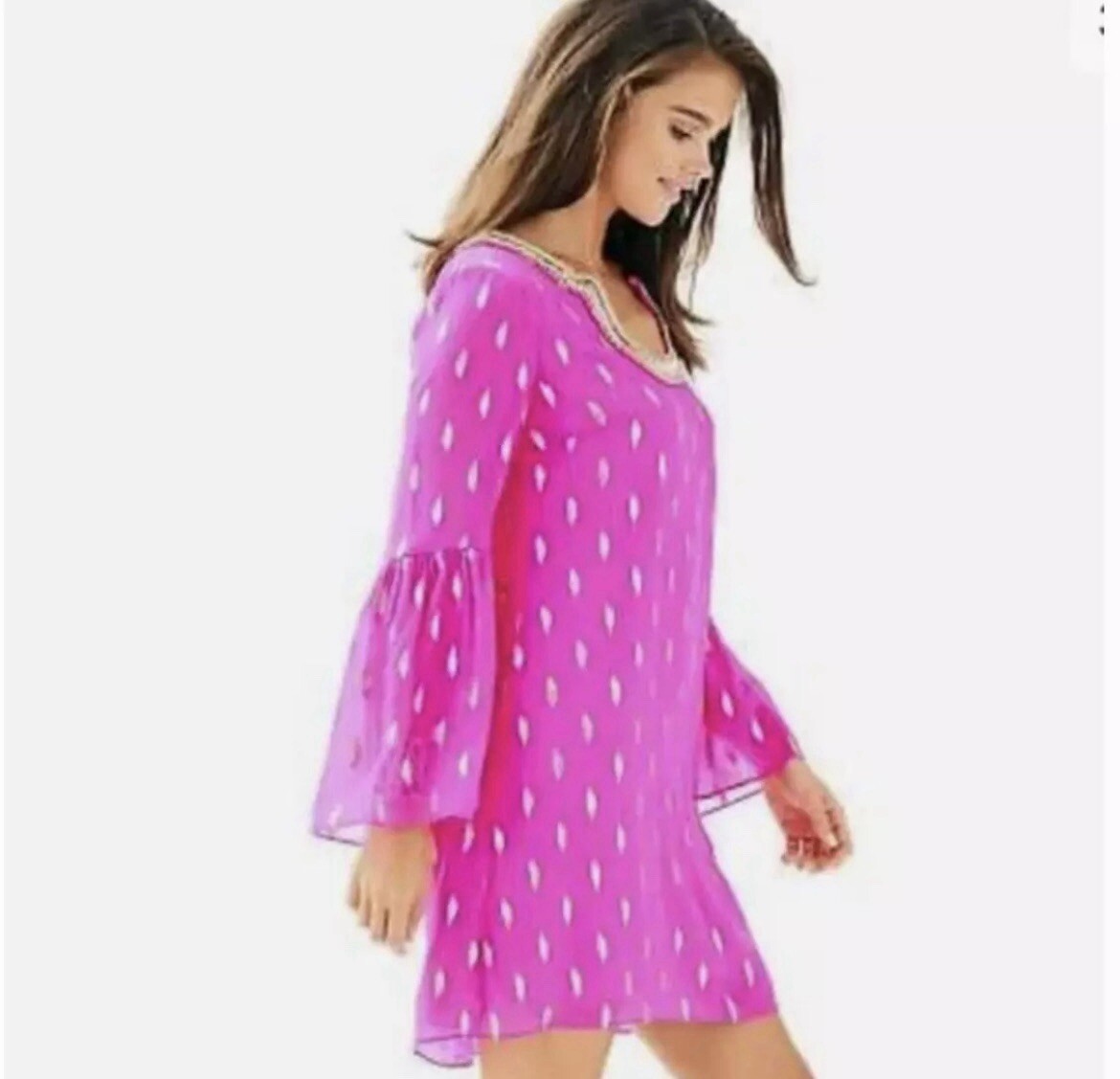 Lilly Pulitzer Amory Silk Dress Pink Gold Metallic Shift Bell Sleeve Size 2