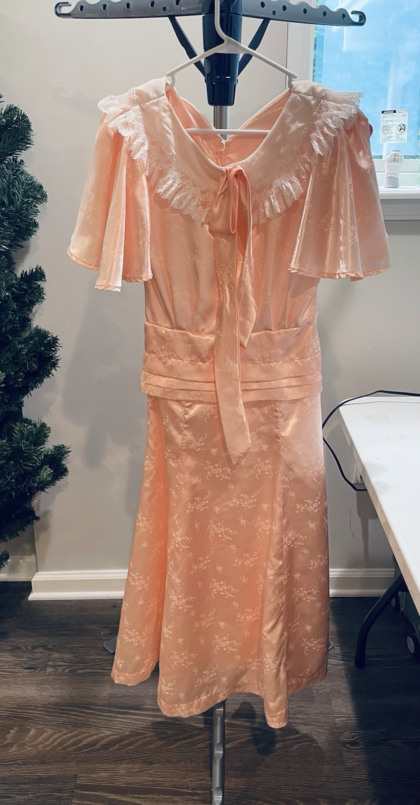 Vintage Coquette Pink Floral Satin Midi Slip Dress V-Neck Ruffle Lace Bow Size S